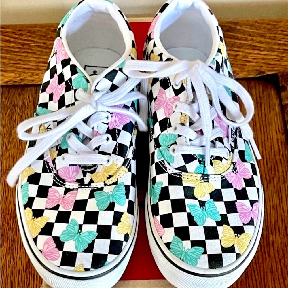 Vans Kids Black & White Checkerboard Sneakers with Pastel Butterflies, size 3